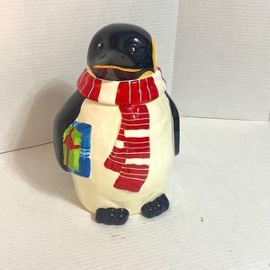 Nonni's Christmas Holiday penguin cookie jar hand painted ceramic 12" tall